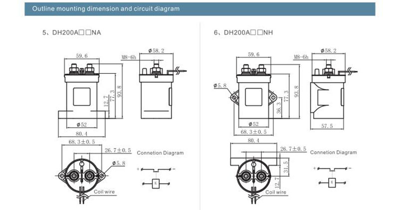 high voltage dc contactor dh200  outline mounting dimension and circuit diagram