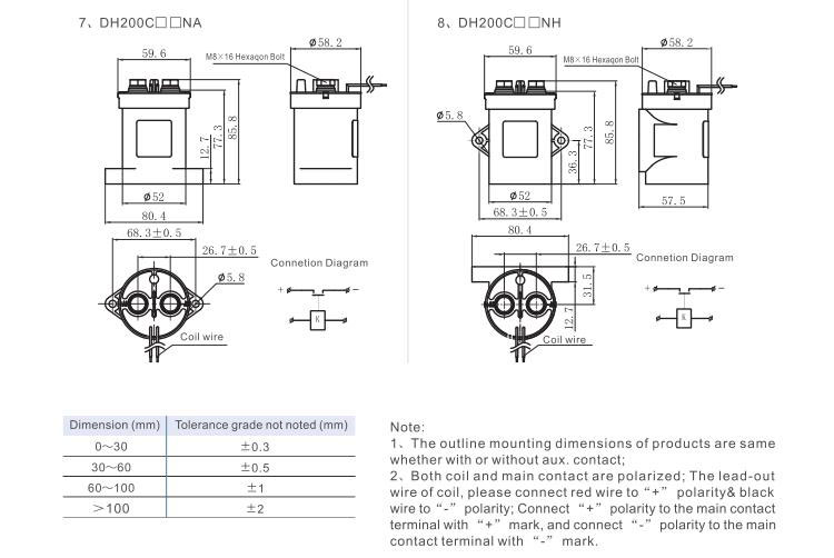high voltage dc contactor dh200  outline mounting dimension and circuit diagram china